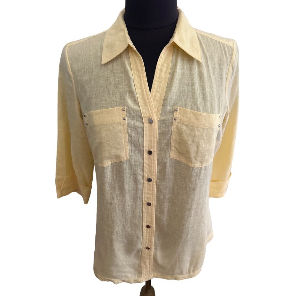 Coral Bay Petite Women's Linen Rayon Button-Down Top Size PS Yellow